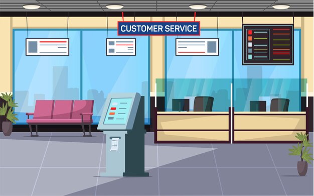 Oficina de servicio al cliente vestíbulo del banco sala de estar zona salón sala de espera diseño de interiores cajero automático cajeros automáticos mostradores de recepción ventanas con vista al centro de la ciudad