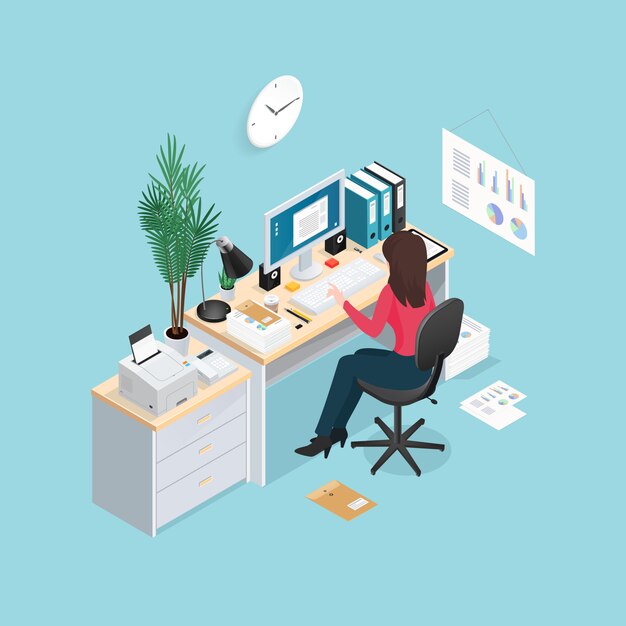 Oficina de trabajo composición isométrica