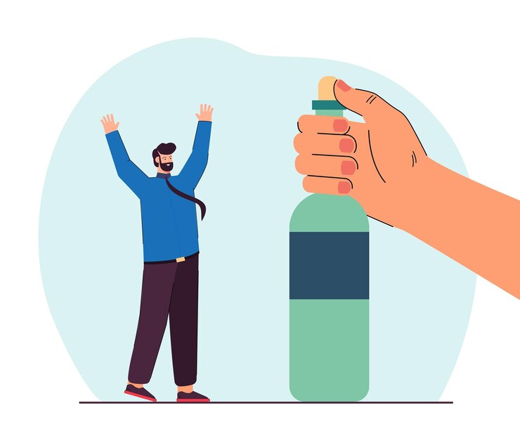 Vector gratuito oficinista feliz y mano enorme que sostiene la botella de alcohol