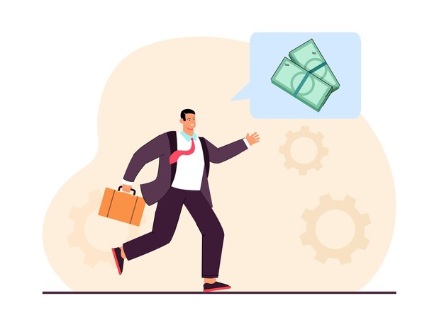 Oficinista masculino hablando de dinero. Billetes verdes dentro de la ilustración de vector plano de burbujas de discurso. Finanzas, carrera, riqueza, concepto de inversión para banner, diseño de sitio web o página web de destino