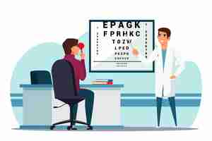 Vector gratuito el oftalmólogo revisa los puntos de visión del paciente en letras prueba ocular óptica en el tratamiento médico de la oficina del oculista en el servicio de la clínica del hospital