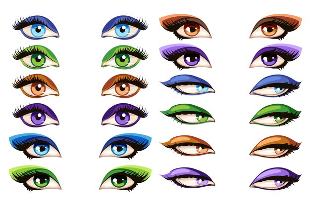 Ojos femeninos. Ilustración de conjunto de ojos de glamour de rimel de maquillaje