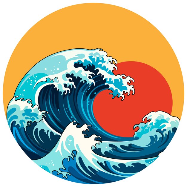Ola japonesa bajo el estilo de ilustración tradicional del sol rojo