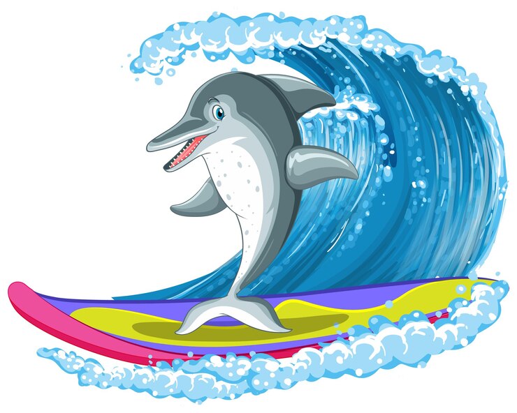 Vector gratuito ola de surf de personaje de dibujos animados de delfines