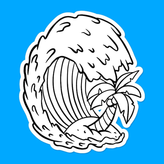 Olas del océano con vector de etiqueta de árbol de coco