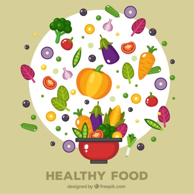 Olla roja con diferentes alimentos saludables