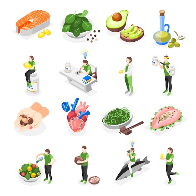 Omega 3 6 y 9 ácidos iconos isométricos establecidos con símbolos de alimentos saludables ilustración vectorial aislada