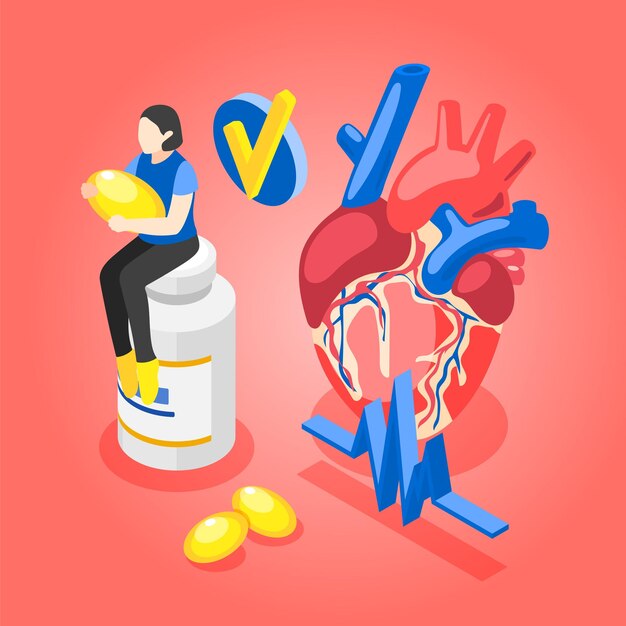 Omega 3 6 y 9 fondo isométrico con símbolo de corazón humano y píldoras de suplemento ilustración vectorial