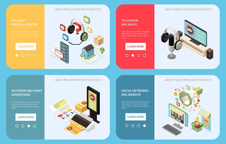 Vector gratuito omni channel marketing banner isométrico conjunto ilustración vectorial aislada