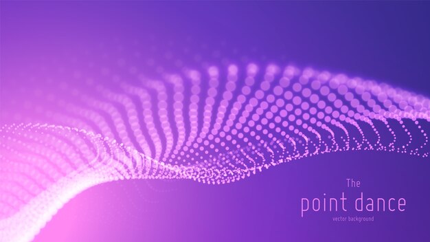 Onda de partículas violetas abstractas de vector, matriz de puntos, profundidad de campo. Ilustración futurista. Tecnología digital splash o explosión de puntos de datos. Forma de onda de baile puntual. Cyber UI, elemento HUD.