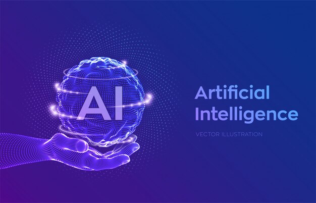 Onda de rejilla de esfera con código binario. Logotipo de Inteligencia Artificial AI en mano. Concepto de aprendizaje automático.