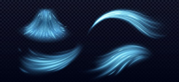Ondas de aire fresco con efecto de flujo de viento Ilustración vectorial realista conjunto de chorros azules de corriente de aire frío claro con partículas Aliento de aire de brisa con chispas para la purificación o concepto de acondicionador