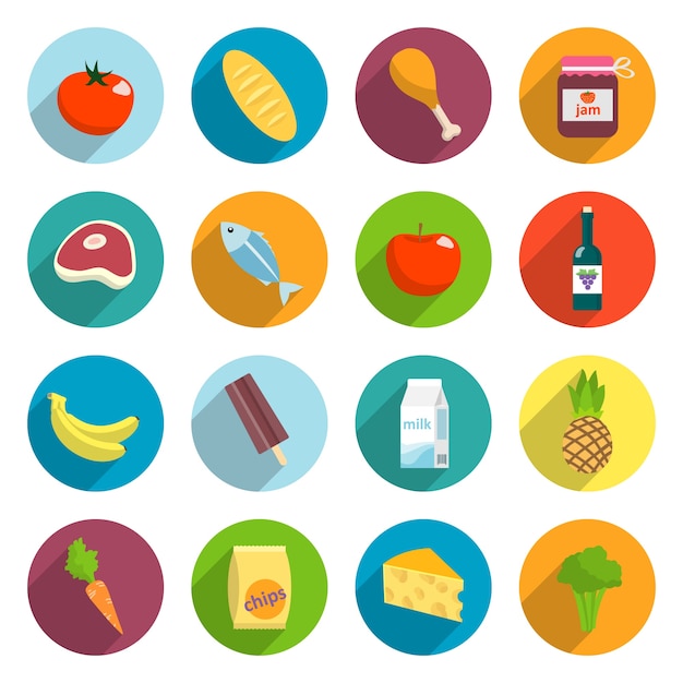 Online supermercado alimentos plana iconos conjunto de carne de pescado frutas y hortalizas aislados ilustración vectorial