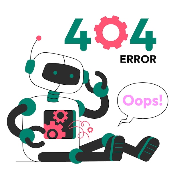 Oops error 404 con una ilustración de robot roto