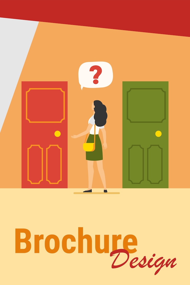 Vector gratuito opción de dos entradas. mujer con signo de interrogación eligiendo entre dos puertas ilustración vectorial plana. solución, oportunidades, concepto de dilema