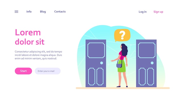 Opción de dos entradas. Mujer con signo de interrogación eligiendo entre dos puertas. Solución, oportunidades, concepto de dilema para el diseño de sitios web o páginas web de destino