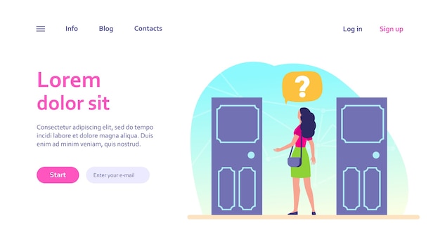 Opción de dos entradas. mujer con signo de interrogación eligiendo entre dos puertas. solución, oportunidades, concepto de dilema para el diseño de sitios web o páginas web de destino