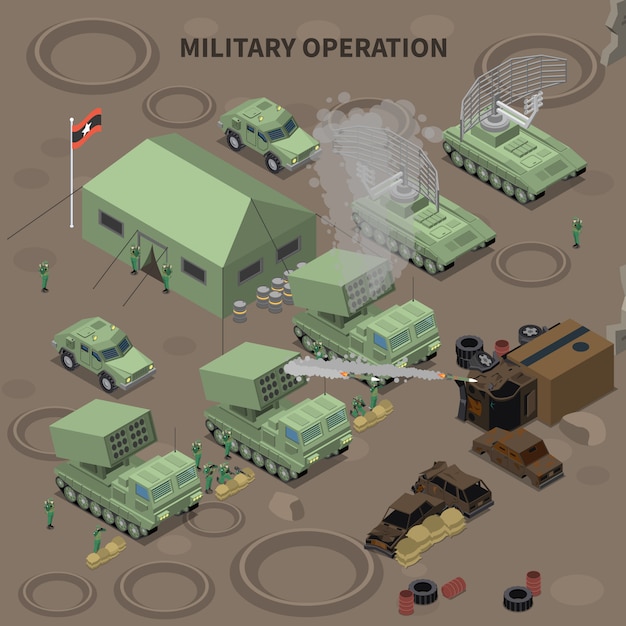 Operación militar composición isométrica con carpa para soldados instalación de radar y lanzacohetes