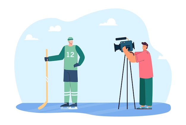 Operador de video filmando a un jugador de hockey en cámara. Deportista en uniforme posando para la cámara o dando una entrevista ilustración vectorial plana. Concepto deportivo para banner, diseño de sitio web o página web de destino