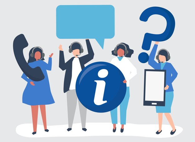 Operadores de call centers que llevan íconos de comunicación.