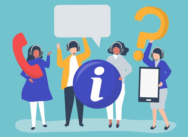 Operadores de centros de llamadas que llevan iconos de comunicación.