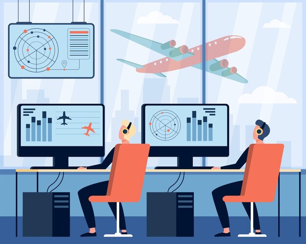 Operadores que controlan la ilustración plana de aviones. Personajes de dibujos animados sentados en la sala de mando del aeropuerto