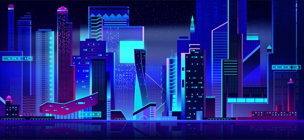 Opinión panorámica del paisaje urbano futurista en la noche.