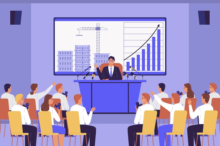 Vector gratuito orador que se comunica con los trabajadores de los medios de comunicación en la ilustración plana de la conferencia de prensa