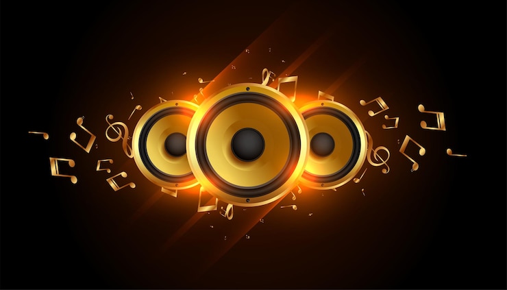 Vector gratuito oradores de música brillantes con notas de sonido de fondo