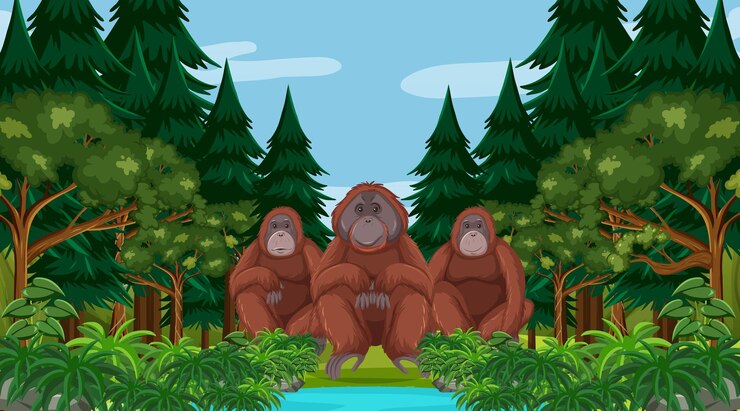 Vector gratuito orangután en escena de bosque o selva tropical con muchos árboles