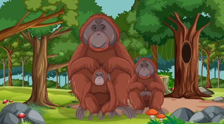 Vector gratuito orangután en escena de bosque o selva tropical con muchos árboles