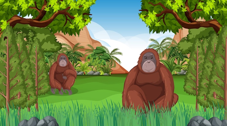 Vector gratuito orangután en escena de bosque o selva tropical con muchos árboles