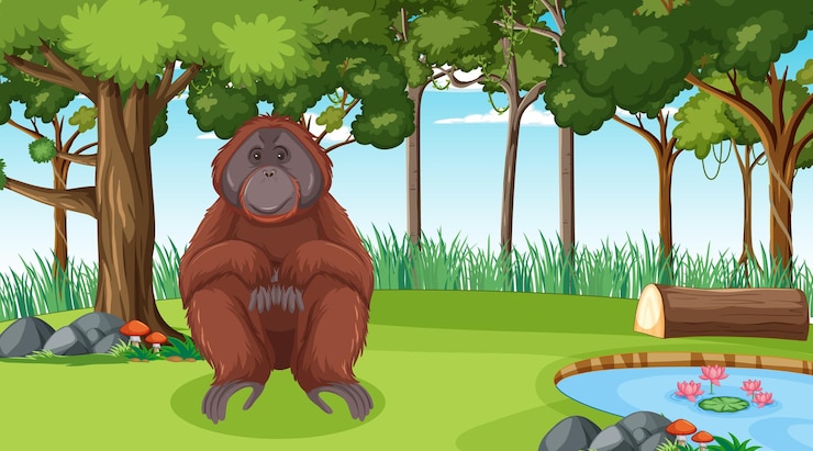 Vector gratuito orangután en escena de bosque o selva tropical con muchos árboles