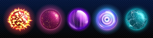 Vector gratuito orbe brillante de fantasía con poder mágico activos de juego de ilustración vectorial realista conjunto de globos luminosos coloridos de bruja o mago bola de vidrio de energía con efecto de luz de neón y plasma brillante