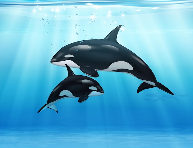 Vector gratuito orcas en la ilustración del mar