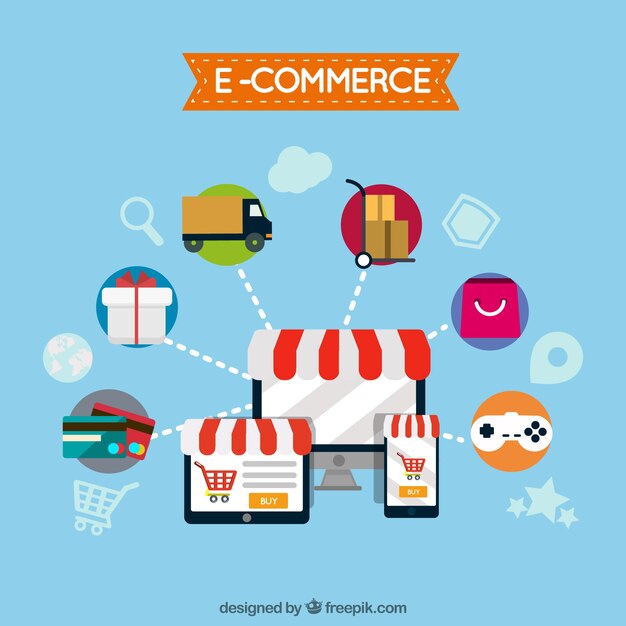 Ordenador, comercio online y productos con diseño plano