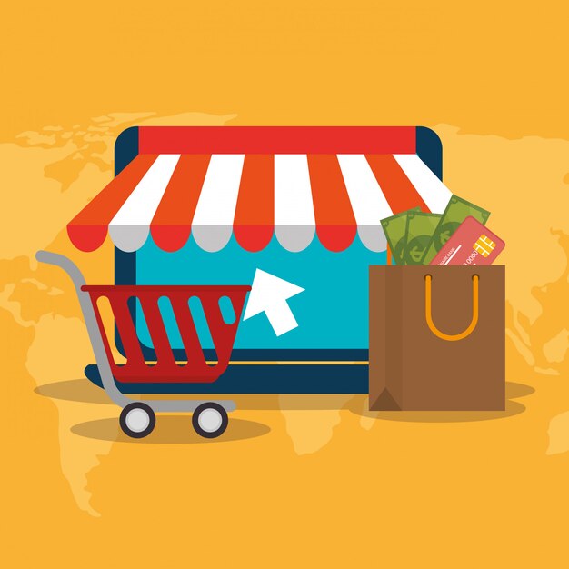 ordenador portátil con iconos de comercio electrónico