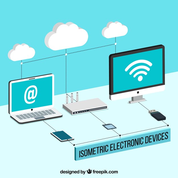 Ordenadores y otros dispositivos con wifi en estilo isométrico