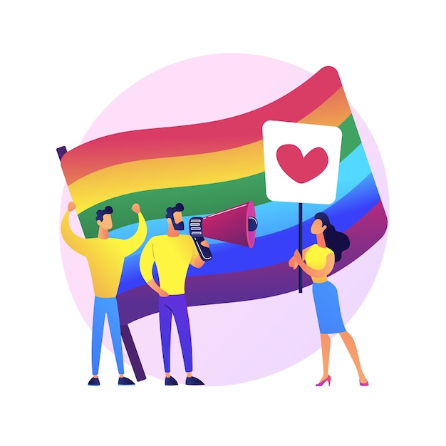 Vector gratuito orgullo lgbt. igualdad gay. lesbianas, gays, bisexuales, transgénero. personas homosexuales con piquetes de bandera de colores del arco iris. movimiento de derechos lgbt.