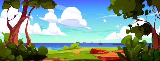 Orilla del mar o del océano con árboles arbustos y hierba verde barcos en aguas tranquilas y cielo azul con nubes Vector de dibujos animados paisaje soleado de verano tropical con costa para vacaciones y concepto de viaje