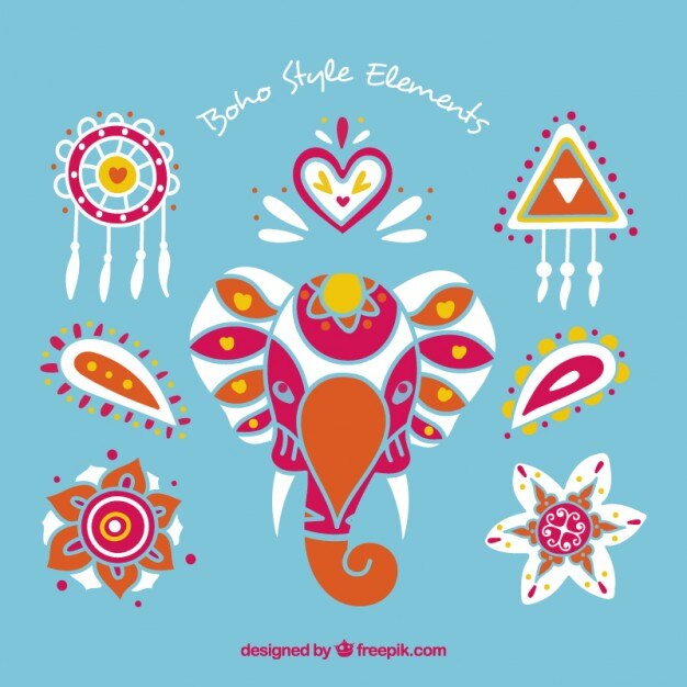 Ornamentos boho de colores con un elefante 