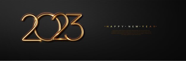 Oro feliz año nuevo 2023 sobre fondo negro Diseño de saludo con número realista de metal dorado del año