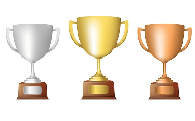 Oro plata de bronce metálico trofeo taza conjunto aislado ilustración vectorial