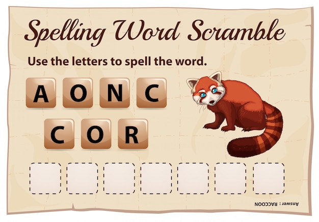 Ortografía plantilla de juego de word scramble con mapache