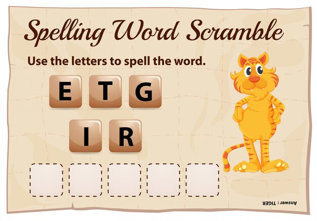 Ortografía plantilla de juego de word scramble con palabra tigre