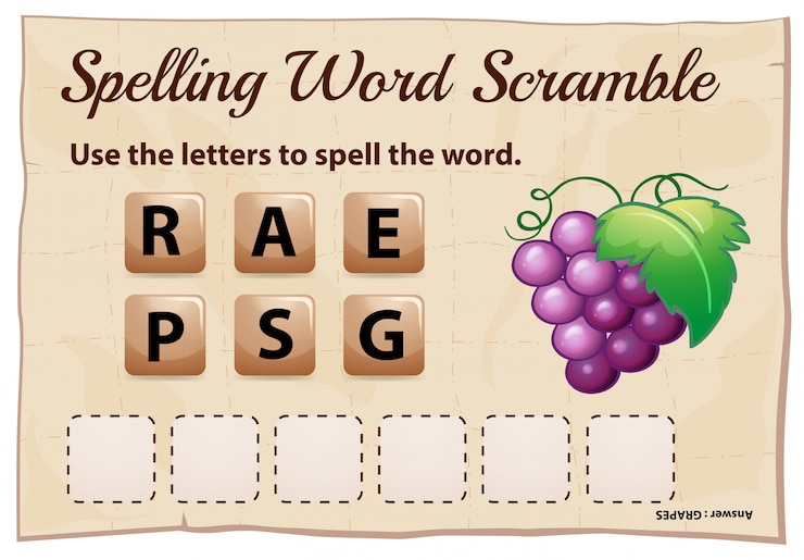 Vector gratuito ortografía plantilla de juego de word scramble con uvas de palabra
