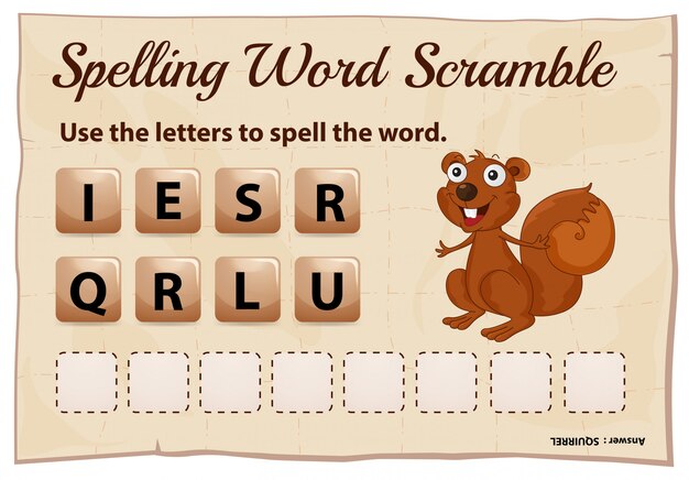 Ortografía plantilla de juego de word scramble con word ardilla