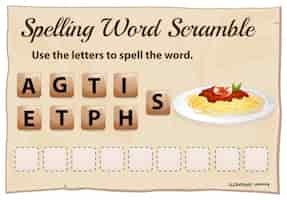 Vector gratuito ortografía plantilla de word scramble con palabra espagueti