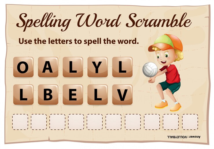 Vector gratuito ortografía plantilla de word scramble con word voleibol