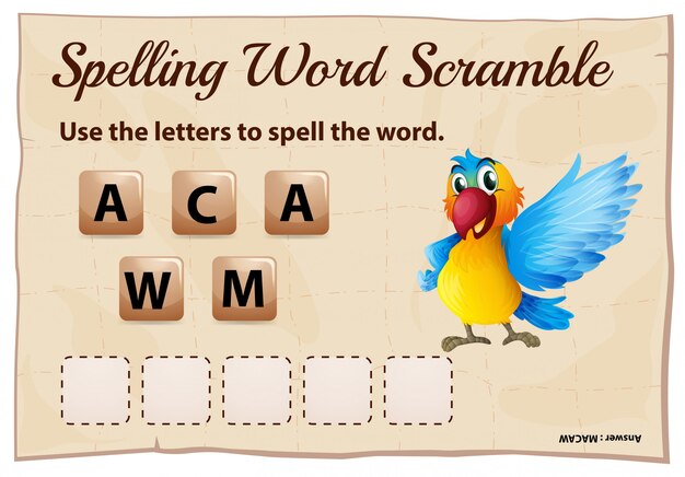 Ortografía word scramble game con la palabra guacamayo